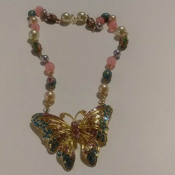 🔥2 for $20🔥Beaded Necklace with Rhinestone Butterfly Pendant/Brooch - Picture 2 of 5